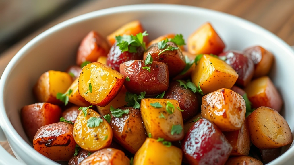 Finished roasted red potatoes in a white ceramic serving bowl, glistening with olive oil, topped with fresh chopped parsley and cracked black pepper, steam rising slightly from the hot potatoes