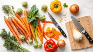 Overhead flat lay of colorful raw vegetables on white marble surface including carrots, Brussels sprouts, bell peppers, and onions with sharp knife and cutting board