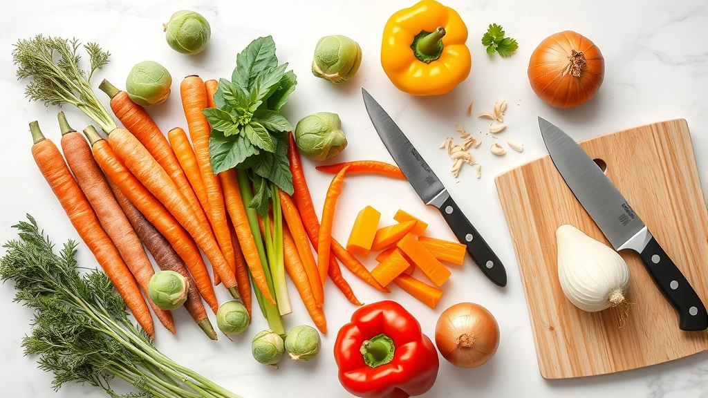 Overhead flat lay of colorful raw vegetables on white marble surface including carrots, Brussels sprouts, bell peppers, and onions with sharp knife and cutting board