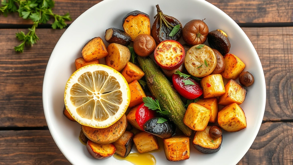 Finished roasted vegetables served on white ceramic plate with fresh lemon wedge, scattered fresh herbs, and drizzle of olive oil, rustic wooden table background