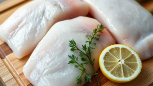 Close-up of raw rockfish fillets on a wooden cutting board with fresh lemon halves and sprigs of thyme and parsley, natural daylight