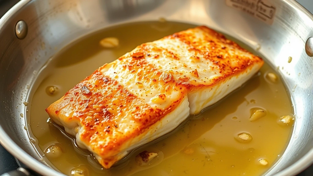 Golden-brown pan-seared rockfish fillet in a stainless steel skillet with melted lemon butter sauce and garlic, steam rising slightly