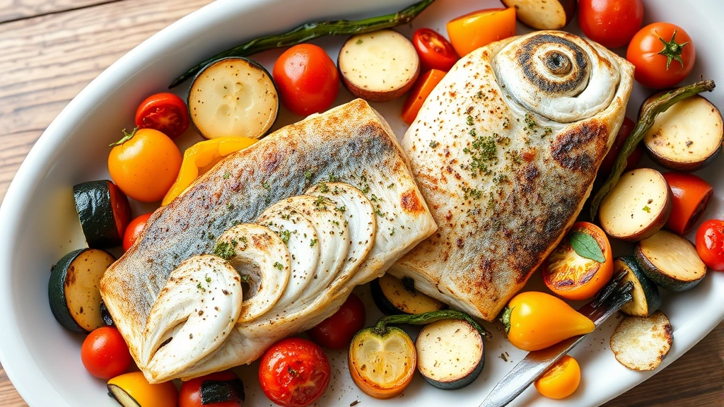 Baked rockfish fillets surrounded by roasted colorful vegetables including zucchini, bell peppers, and cherry tomatoes on a white ceramic platter