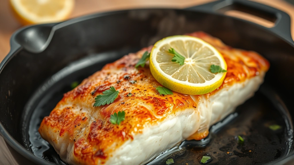 Close-up of golden-brown pan-seared rockfish fillet with crispy skin in cast iron skillet, topped with fresh lime wedge and cilantro sprigs, steam rising from fish, natural kitchen lighting