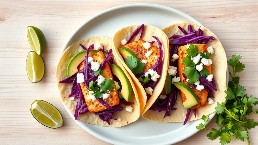 Overhead flat-lay of assembled rockfish tacos on white ceramic plate with purple cabbage slaw, avocado slices, crumbled white cheese, fresh cilantro, lime wedges beside plate on light wood surface