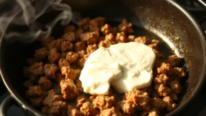 Golden-brown ground beef sizzling in a cast iron skillet with steam rising, chunks separated evenly, ready for cream cheese addition