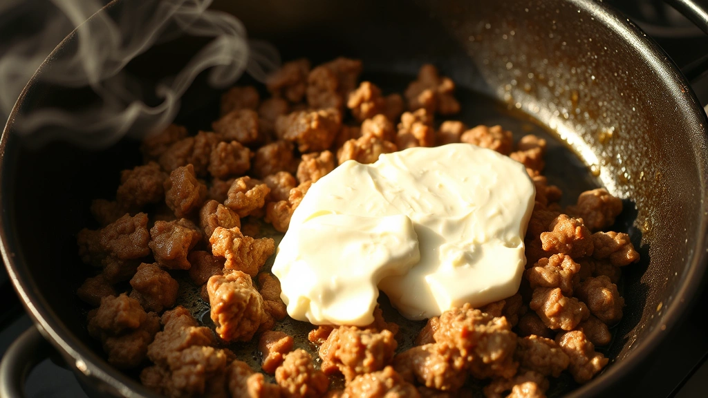 Golden-brown ground beef sizzling in a cast iron skillet with steam rising, chunks separated evenly, ready for cream cheese addition