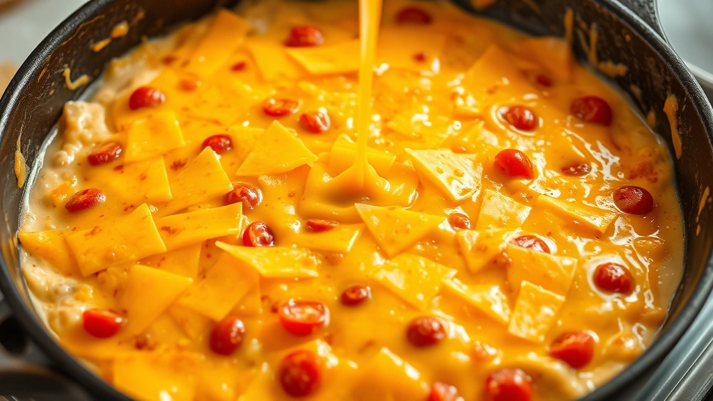 Melted cheddar cheese cascading over creamy dip base in a warm skillet, rich golden color with visible Rotel tomato pieces throughout