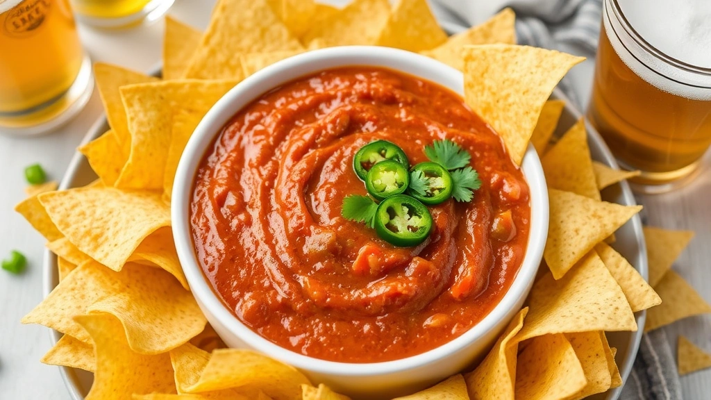 Finished Rotel dip in a white serving bowl surrounded by colorful tortilla chips, fresh jalapeño slices, cilantro garnish, and cold beer nearby