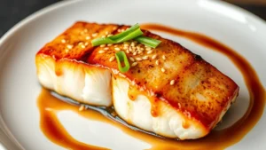 Perfectly seared sablefish fillet with golden-brown crust and miso glaze, garnished with sesame seeds and green onion, plated on white ceramic with subtle sauce drizzle