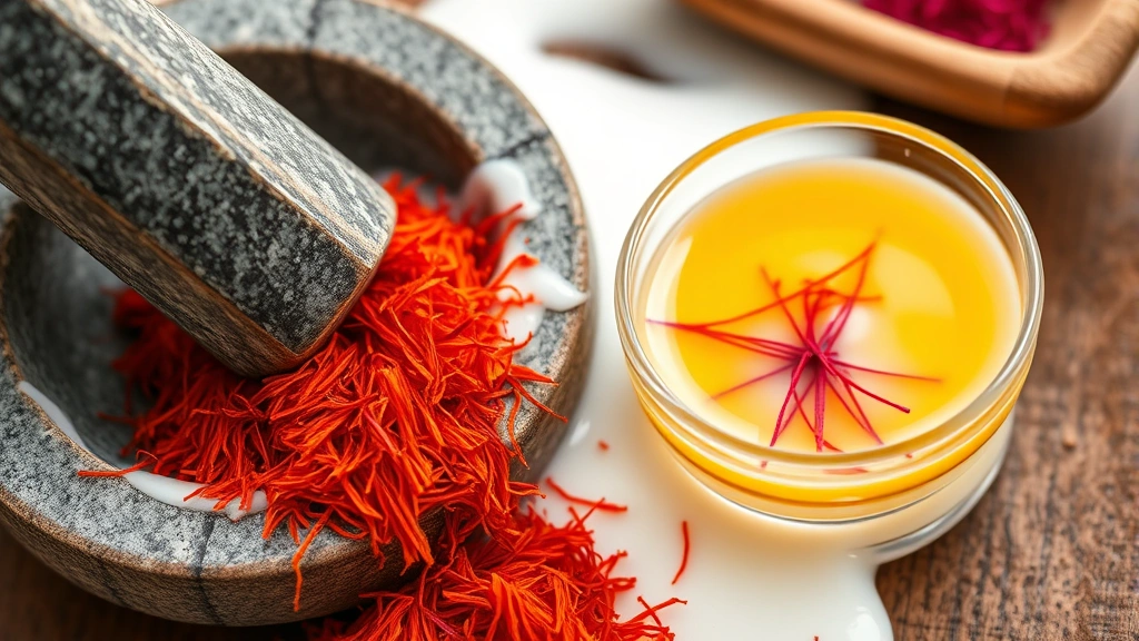 Close-up of premium saffron threads being crushed in a mortar, warm milk steaming nearby, golden infused saffron milk in a small glass bowl, vibrant crimson threads visible
