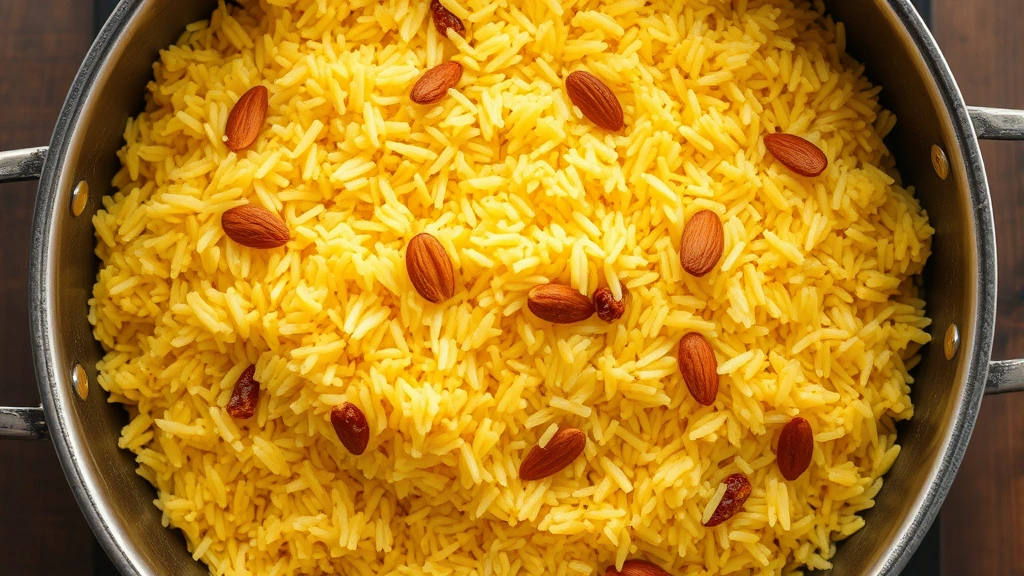 Overhead shot of fluffy golden saffron rice in a heavy-bottomed pot, each grain separated and glistening, scattered toasted almonds and raisins visible, steam rising gently