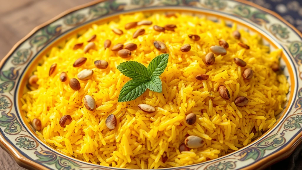 Finished saffron rice plated beautifully in a traditional serving dish, garnished with toasted pistachios and fresh mint leaves, golden color perfectly distributed throughout each grain