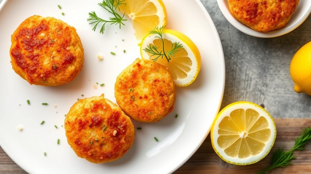 Golden-brown salmon croquettes arranged on white plate with fresh lemon wedges and dill garnish, overhead food photography shot
