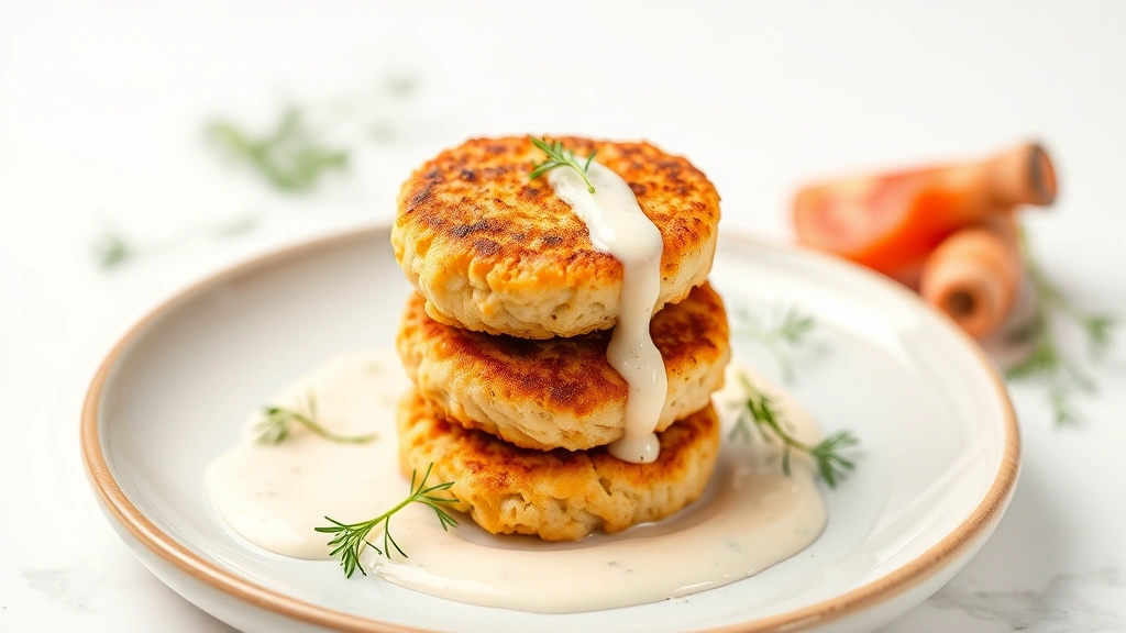 Finished salmon croquettes stacked on ceramic plate with creamy dill sauce drizzled on white background, professional food styling