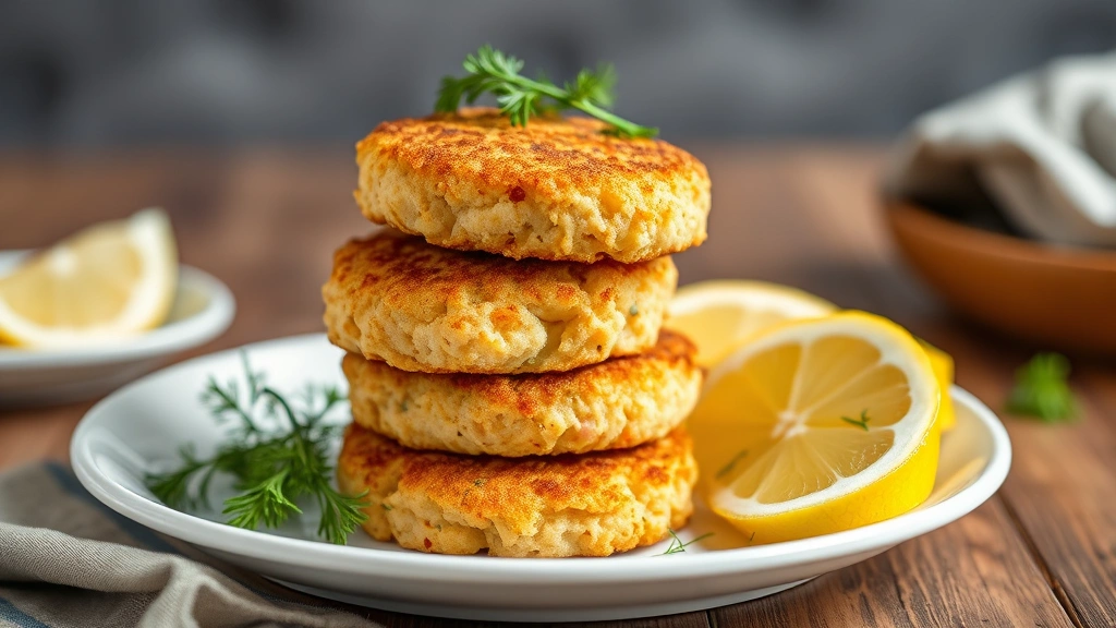 Golden-brown salmon croquettes stacked on white plate with fresh lemon wedges and dill sprigs, shallow depth of field, professional food photography lighting