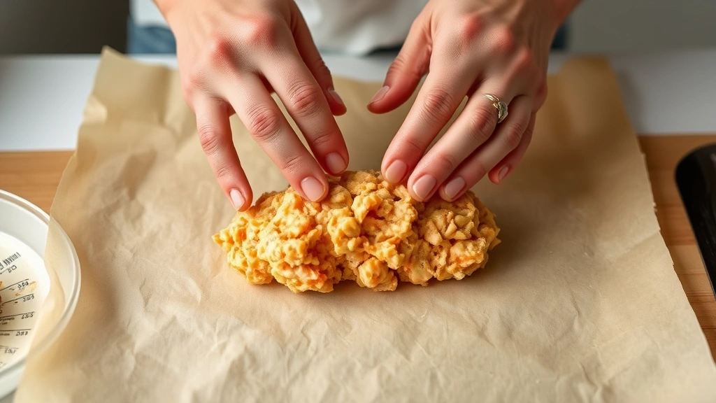 Hands shaping salmon mixture into oval croquette on parchment paper, showing texture of mixture and proper croquette form, natural kitchen lighting