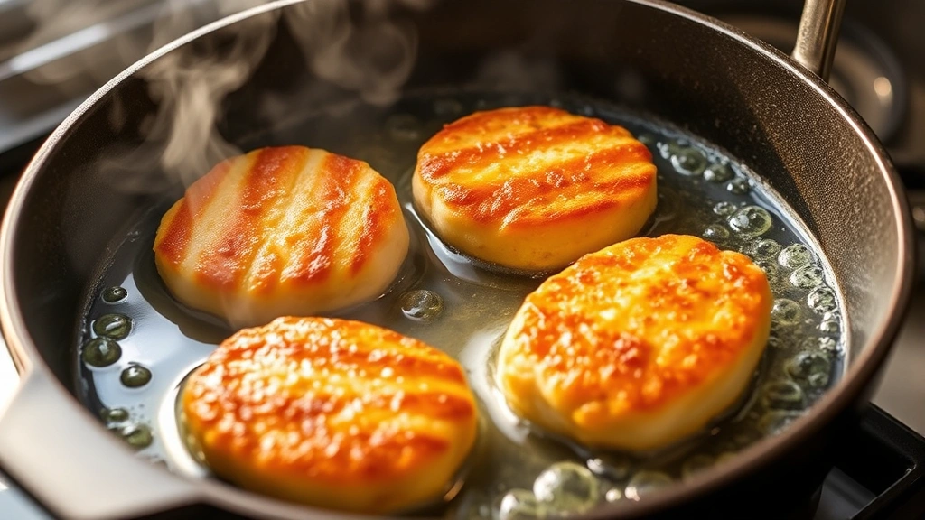 Salmon croquettes frying in shallow oil in cast iron skillet, showing golden exterior and bubbling oil, steam rising, warm kitchen lighting