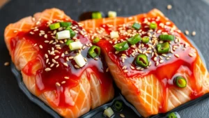 Fresh salmon fillets with glossy Asian marinade containing soy sauce, sesame oil, and ginger, garnished with sliced green onions and sesame seeds on a dark slate plate