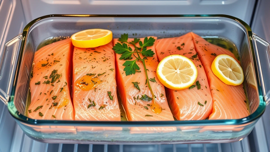 Multiple salmon fillets in shallow glass dish being marinated with fresh Mediterranean herbs, lemon slices, and olive oil, refrigerator setting visible
