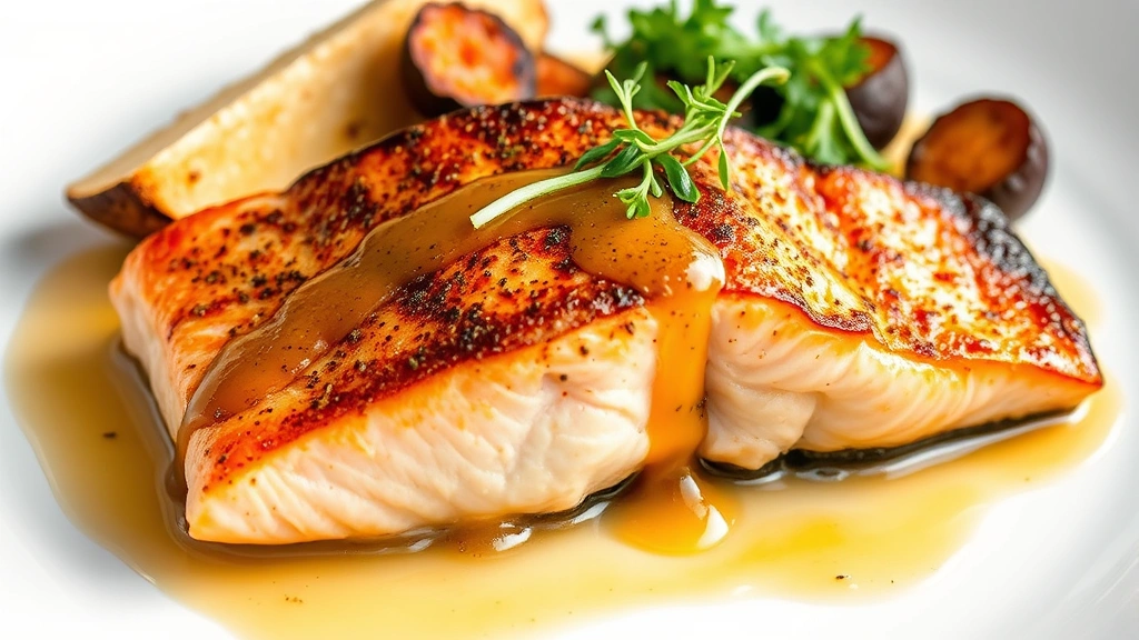 Cooked salmon fillet with caramelized surface, drizzled with bright citrus-ginger sauce, served on white plate with roasted vegetables and microgreens garnish