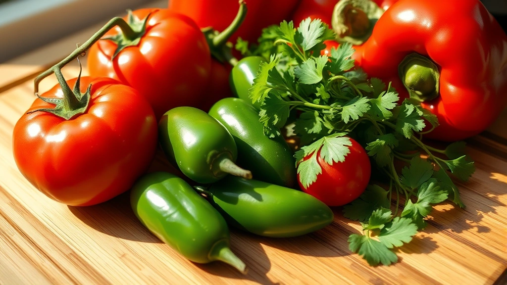 Close-up of vibrant fresh Roma tomatoes, jalapeño peppers, red bell peppers, and cilantro arranged on a wooden cutting board, morning sunlight illuminating the vegetables