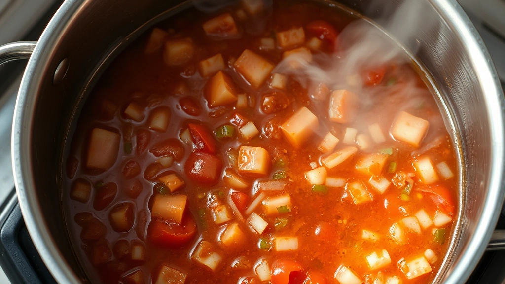 Overhead shot of steaming hot salsa simmering in a large stainless steel pot, showing chunky tomato pieces, diced peppers and onions, with visible steam rising from the surface