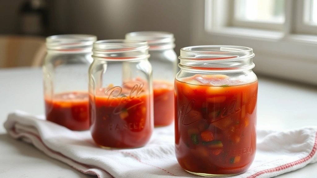 Three glass mason jars filled with homemade red salsa cooling on a white kitchen towel, one jar in foreground showing clear liquid and vegetable chunks, soft natural window light in background
