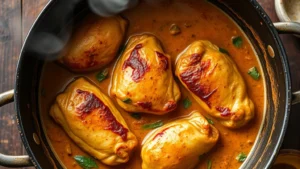 Overhead shot of golden-brown chicken thighs braising in rich coconut curry sauce with visible spices, fragrant steam rising, rustic Thai pot, authentic kitchen setting