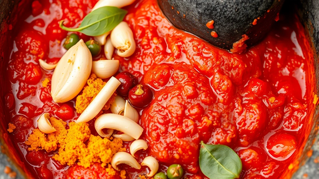 Close-up of vibrant red spice paste with fresh garlic, shallots, Thai chilies, turmeric, and lemongrass being ground in a mortar, aromatic ingredients visible