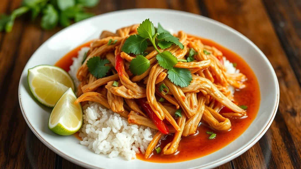 Beautiful plated sangrai dish with tender shredded chicken in glossy sauce, garnished with fresh cilantro and Thai basil, served over jasmine rice with lime wedge