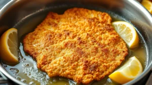 Golden-brown breaded veal schnitzel sizzling in melted butter in a stainless steel skillet, steam rising, showing perfect crust formation mid-fry, lemon wedges visible on the side