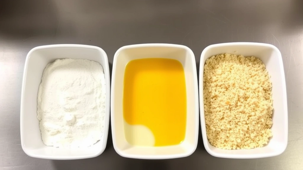 Three shallow white dishes arranged in order showing flour, beaten eggs with milk, and panko breadcrumbs for triple-breading station setup, professional kitchen setup