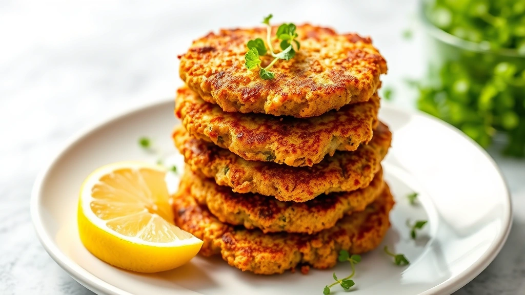 Golden-brown crispy seitan cutlets stacked on a white ceramic plate with fresh lemon wedges and microgreens, professional food photography, bright natural lighting