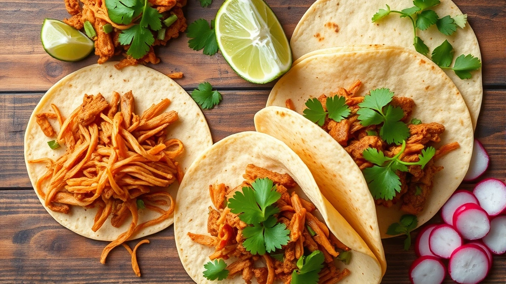 Colorful seitan taco bar overhead shot showing shredded seitan, fresh cilantro, lime wedges, diced radishes, and warm tortillas on wooden surface