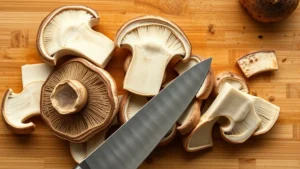 Close-up overhead shot of fresh shiitake mushrooms being sliced on a wooden cutting board with a sharp chef's knife, showing the light underside and dark caps