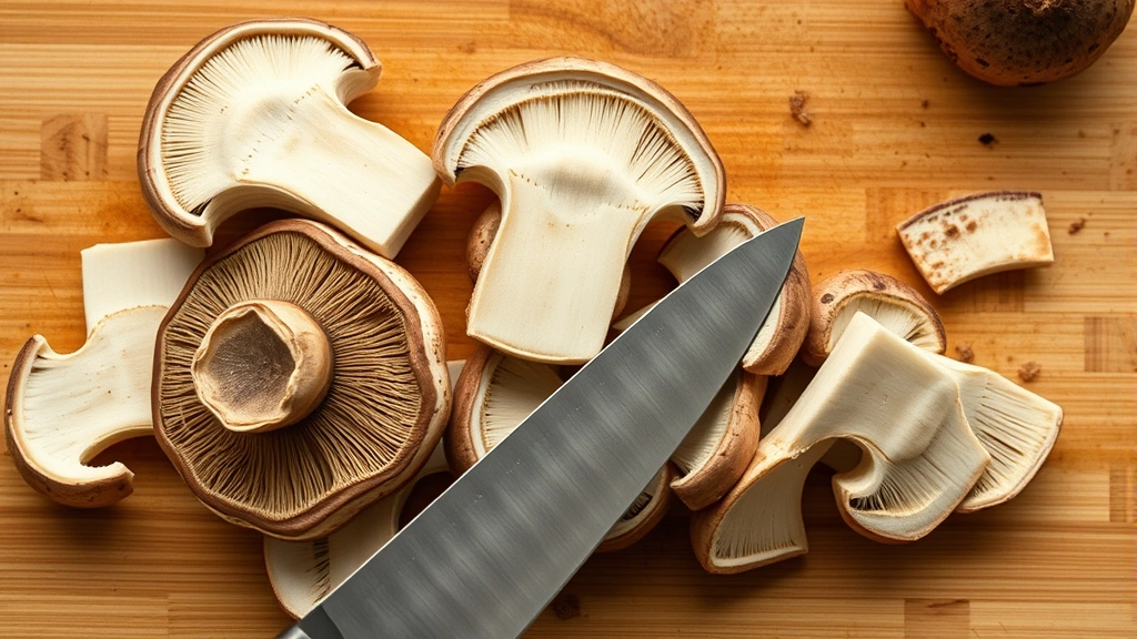 Close-up overhead shot of fresh shiitake mushrooms being sliced on a wooden cutting board with a sharp chef's knife, showing the light underside and dark caps