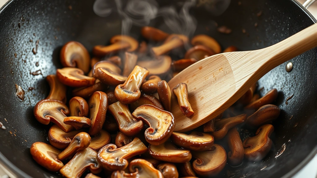 Dynamic action shot of shiitake mushroom slices sizzling in a wok with visible steam, golden-brown caramelized edges, wooden spatula mid-toss, bright kitchen lighting