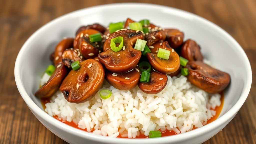 Finished shiitake mushroom stir-fry plated over steamed white rice in a white ceramic bowl, garnished with sesame seeds and sliced green onions, glossy sauce coating mushrooms