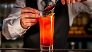 Professional bartender carefully pouring vibrant grenadine syrup through a bar spoon into a highball glass filled with ice and citrus-colored liquid, creating beautiful color stratification, soft bar lighting, professional cocktail photography