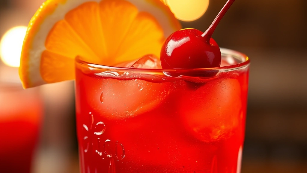 Freshly prepared Shirley Temple drink in a crystal highball glass with visible color layers from grenadine, topped with a maraschino cherry on a cocktail pick and orange slice garnish, condensation on glass, warm ambient lighting, close-up detail shot