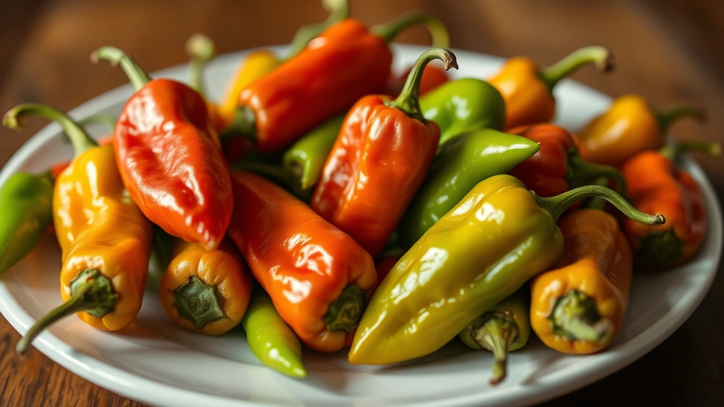 Vibrant fresh shishito peppers arranged on a white ceramic plate, showing their characteristic wrinkled skin and small size, natural lighting from above, shallow depth of field