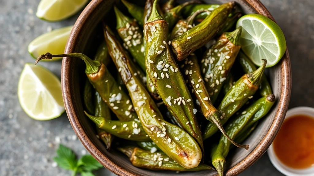 Finished shishito peppers garnished with sea salt and sesame seeds in a rustic serving bowl, accompanied by lime wedges and small dipping sauce bowls, styled food photography
