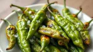 Vibrant green shishito peppers arranged on a white ceramic plate, some showing charred blistered patches, steam rising, fresh sea salt crystals scattered on top, close-up detail of wrinkled pepper skin texture