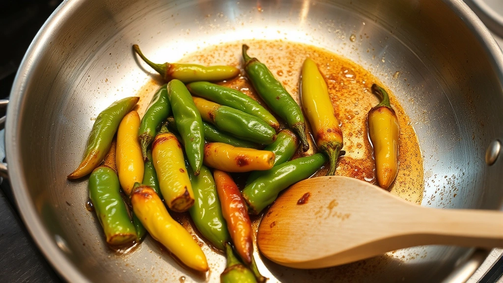 Stainless steel skillet with hot shishito peppers actively cooking, visible charring and blistering, oil shimmering on surface, peppers mid-sear with some dark spots forming, wooden spoon stirring