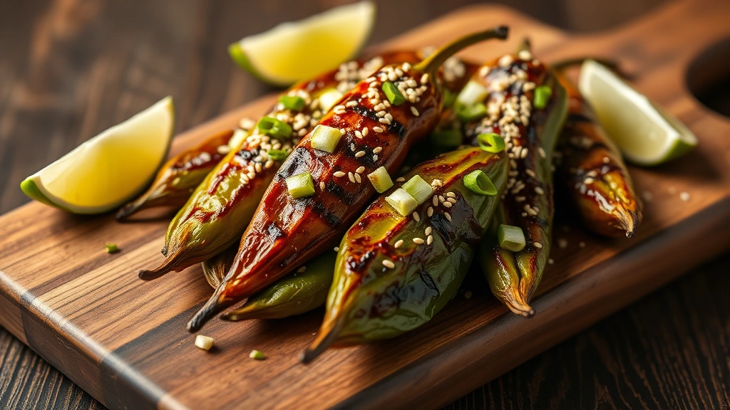Finished plated shishito peppers on a rustic wooden serving board, beautifully charred and wrinkled, topped with sesame seeds and green onion slices, lime wedges beside, warm ambient lighting, appetizer presentation