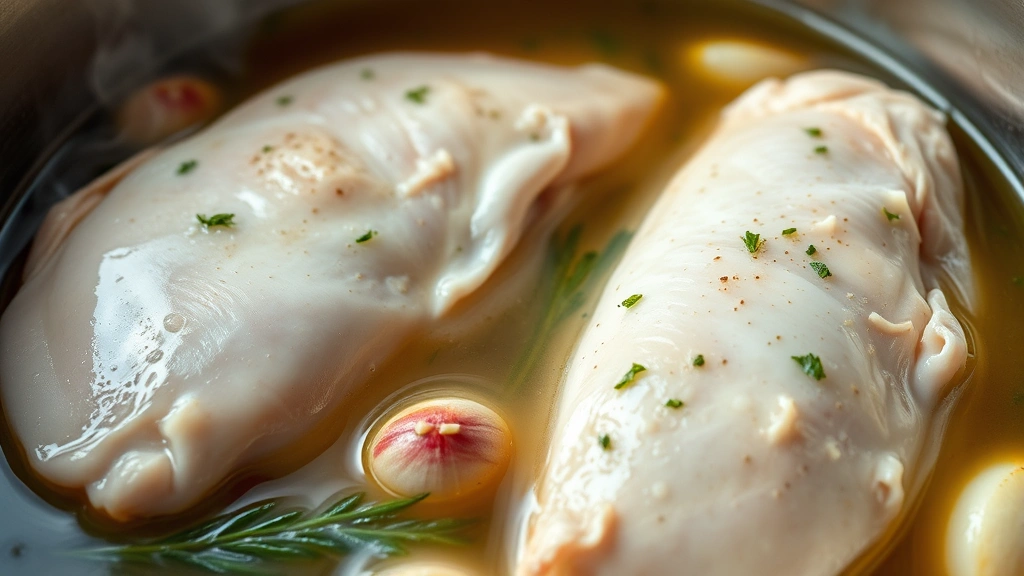 Close-up of perfectly cooked chicken breasts in simmering broth with steam rising, fresh herbs and garlic cloves visible in the pot, natural kitchen lighting