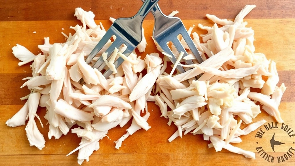 Two forks shredding tender white chicken meat on a wooden cutting board, showing the texture and consistency of properly shredded chicken pieces