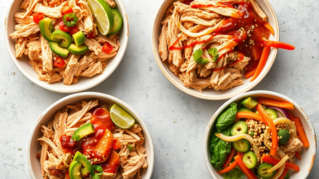 Overhead shot of multiple meal bowls featuring shredded chicken with different toppings: one with avocado and lime, one with barbecue sauce, one with Asian vegetables and sesame