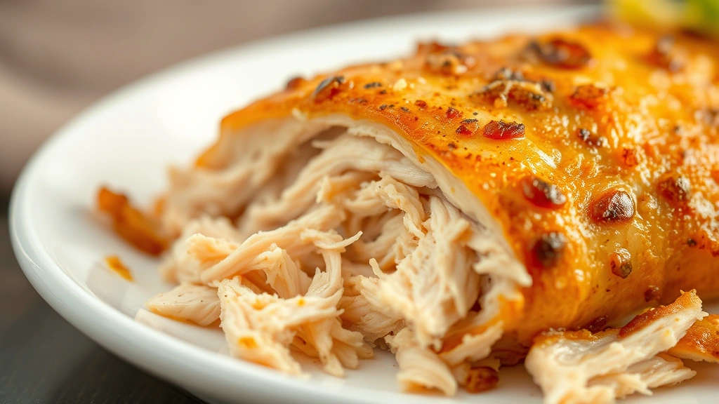 Close-up of perfectly shredded chicken breast with steam rising, tender and moist texture visible, warm golden lighting on white plate
